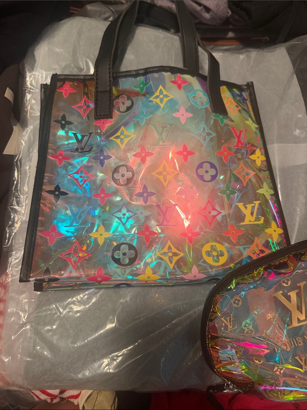 Iridescent Multicolor Monogram Tote and makeup bag